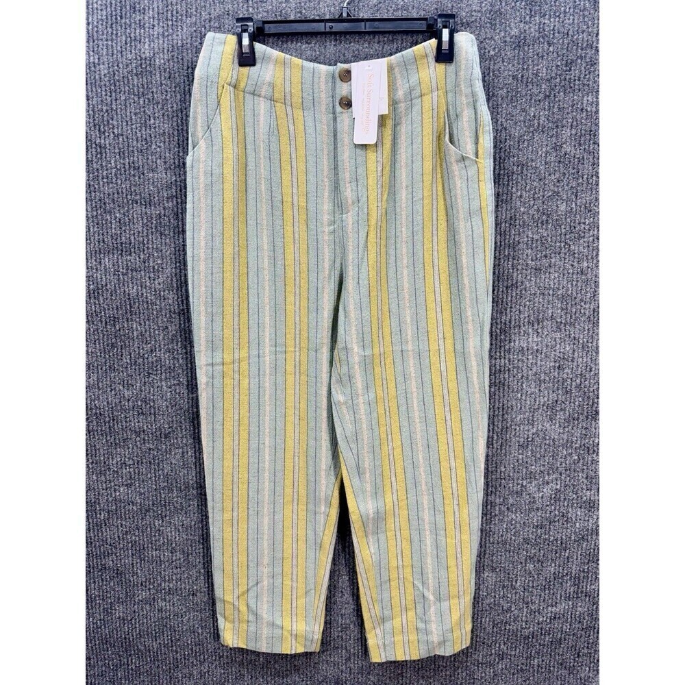 Soft Surroundings Caldera Striped Pants Womens 8 Linen Blend Straight Crop NEW